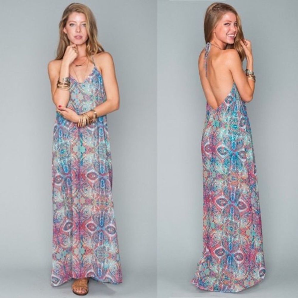 Show Me Your Mumu Erlyn Halter Maxi Dress Great Barrier Reef Print Size Medium